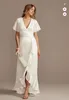 Flutter Sleeve Stretch Satin wedding Dress with Ruffle Hem Simple Design Bohemian Summer Beach Seaside Bridal Dresses Gown