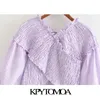 KPYTOMOA KOBIETY Słodka moda Smocked Elastyczne asymetryczne przycięte bluzki Vintage V Długie rękawy Koszule Koszule Chic Tops 210226