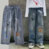 Vintage tecknad graffiti grafiska jeans män lösa denim byxor streetwear rakt hip-hop byxor kvinnor hajuku stil fritid g0104