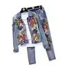 Women's Two Piece Pants Handwork Sequins Flowers Jeans 2pc Women Vintage Denim Jacket Set Pencil Female Blue Suit Streetwear