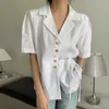 Korejpaa Women Shirt Korean Chic Summer Temperament Suit Collar Single-breasted Side Tie Waist Short-sleeved Blouse Top 210526