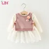 LZH 2021 outono primavera bonito bebê meninas vestido knitt jaqueta + vestido 2 pcs conjunto infantil bebê recém-nascido algodão princesa vestido 0 1 2 3 ano q0716