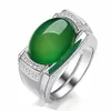 Vintage Emerald Agate Green Jade Gemstones Diamanter Ringar för Män Vit Guld Silver Färg Argent Smycken Bague Anillos Arabia