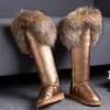 Snow Warm Fur Shoes Women's Winter Lining Real Fur Trim Suede Leather Knee High Boots Thick 12Colors Flats Shoes New