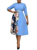 Casual Dresses Cross Border Blue European And American Large Round Neck Commuter Stitched Printed Dress High Waist Slim Skirt