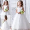 Fildişi Dantel Balo Çiçek Kız Elbise Düğün Boncuklu Toddler Backless Pageant Törenlerinde Tül Aplike Sweep Tren Çocuklar Balo Elbise
