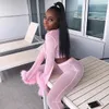 Sexy V Neck Mesh Tracksuit Dois Parte Sets Mulheres Crop Top e Calças Outono Fato Fluffy Rosa Hip Hop Swe Hop Suor Ternos ver através de Y0625