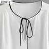Zevity Women Sweet Black Edge White Chiffon Smock Blouse女性のプリーツ長袖着物のシャツシックBlusas Tops LS7654 210603