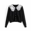 Women Sweet White Embroidery Lotus Leaf Large Lapel Black Sweater Female Simple Single-Breasted Long-Sleeved Top 210531