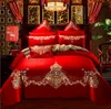 Set biancheria da letto di lusso Dragon Phoenix Ricamo Rosso Matrimonio in stile cinese 100 cotone 46 pezzi Biancheria da letto principessa Copripiumino Letto Shee8624214