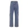 Fickor Patchwork Hög midja Jeans Kvinnor Streetwear Straight Jean Femme Blue 100% Cotton Cargo