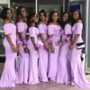 2021 Lavendel Off Shoulder Mermaid Korte Mouwen Midden-Oosten Lange Bruidsmeisjes Jurken met Slit Side Junior Volwassenen Bruidsmeisjes Jurken