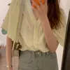 Sul Coréia Chic Blusa Verão Gentil Idade Redução V-Pescoço Três Botão Lace Borda Contraste Solto Sleeve Camisa Top 210529