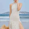 Été plage dos nu Sexy Maxi robe sans manches licou col Spaghetti blanc solide mince fendu longue femme bord de mer 210603