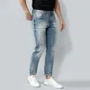 Italian Vintage Fashion Men Jeans Retro Light Blue Slim Fit Ripped High Quality Redline Designer Cotton Denim Pants