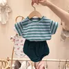 Conjunto de camiseta con pantalones cortos a rayas, conjunto informal de manga corta de verano para bebés y niñas, ropa de bebé 20220302 Q2