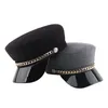 Metal chain button PU black leather cap navy hats Fashion flat caps