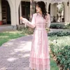 春のピンクのレースのドレス女性のハイウエストのエレガントなパーティードレスビンテージ女性秋冬vestidos 210603