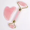 2 PC Zestaw Jade Walcowe Gua Sha Skrobak Naturalny Kryształ Rose Kwarc Rolki Masaż Neck Eye Body Beauty Health Care Tool