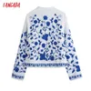 Tangada Women Retro Blue Floral Print Romantic Crop Blouse Shirt V Neck Long Sleeve Chic Female Shirt Tops CE225 210609