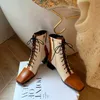 Meotina Krótkie Buty Kobiet Buty Prawdziwej Skóry Wysokie Obcasy Buty Plac Toe Zip Lace Up Grube Obcasy Botki Brown 40 210608