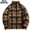 Hip Hop Streetwear Furry Jacket 2021 Män Harajuku Plaid Broderi Brev Jacka Coat Bomull Fleece Höst Vinter Outwear Jacket Y1106