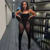 Oluolin Kobiety Sexy Mesh Patchwork Dwuczęściowy Zestaw Patrz przez Body Pasek Body Wysokie Talii Spodnie Midnight Clubwear Skinny Stroje Y0625