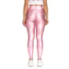 Laser läder kvinnor hög midja sport push up skinny rosa penna ruched rumpa leggings casual streetwear faux legging 210604