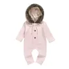 Autumn Winter Newborn Girl Clothes Infant Baby Girl Boy Toddler Clothes Fuzzy Hooded Romper Solid Jumpsuit Long Sleeve Warm Outfits 1719 B3