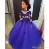 2022 High Neck Mädchen Festzug Kleider Für Hochzeiten Langarm Royal Blau Perlen Blumenmädchen Kleid Bodenlangen Kinder Geburtstag kommunion Kleid BES121