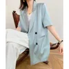 Mode Casual Loose Notched Blazers Sommar Kortärmad För Kvinnors Tunna ättiksatta Satin Blue Suits Ladies 210608