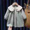 Kids Dresses for Girls Pliad Long Sleeve Dress Spring Autumn Clothes Cute Peter Pan Collar Dresses Soft Cotton Clothing Vestidos G1215