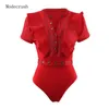 Dames Jumpsuits Rompertjes Modecruil Dames Sexy Mesh Bodysuit Ruches Single Breasted Bodycon Jumpsuit met Korte Mouw Transparante R