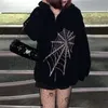 Gótico preto strass punk mulheres com capuz fadas grunge escuro academia jaqueta casaco harajuku zipper moletom emo alt roupas 210928