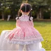 Spring Kids Girl Party Dress Lace Bow Pink Long Sleeves Mesh Princess Dresses Wedding Perform Clothes E8009 210610