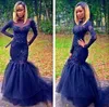 Royal Blue Mermaid Prom Dresses Sexy Illusion Long Sleeve Appliques Sequins Runched Tulle Evening Gowns Black Girls Junior High School Party Vestidos BO7409