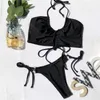 Sexiga baddräkter Kvinnor Bandage Bikinis Push Up Leopard Print String Justera ihåliga badkläder Solid Halter Bathing Suit T200713215I