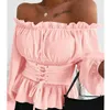 Kvinnors Blusar Sexig Av Skulder Blus Kvinnor Mode Solid Ruffled Långärmad Dam Toppar Höst Casual Lace Up Corset Blusa Fem