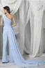 Light Sky Blue Dubai Arabic One Shoulder Jumpsuit Prom Dresses Side Train Ruffles Byxa Suits Special OCN Formella aftonklänningar Custom Made 2024