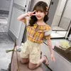 キッズサマー服チェック柄Tシャツ+ショートチルドレンズの女の子レースの10代のコスチューム210528