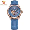 O Ouyawei Women's Watch Couro Strap Diamante Diamante Esqueleto Senhoras Relógio de Relógio Relógio Relogio Feminino 210616