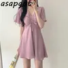 Abito con scollo a V manica corta rosa chiffon Dess donna mini ragazze dolce dolce estate fresca sottile coulisse in vita oversize coreano 210610