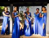 2020 Afrikansk sommar Royal Blue Chiffon Lace Bridesmaid Dresses A Line Cap Sleeve Split Long Maid of Honor Gowns Plus Size Custom Made