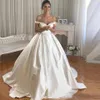 2021 Simple Vintage Wedding Dresses Off The Shoulder Weddings Gowns Satin Short Sleeves Ball Gown Bride Dress Chapel Train Buttons Back Vestido De Noiva Plus Size