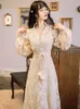 Yosimi Summer Khaki Lace Long Women Dress Maxi Vintage V-Neck A-Line Mid-Calf Lady Evening Party Sleeve Elegant 210604