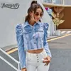 Benuynffy Vintage Puff Długim Rękawem Crop Jean Kurtka Kobiety Wiosna Jesień Single Breasted Coat Kobieta Znosić Casual Denim Kurtki