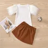 Toddler Kid Baby Girls 2st Kläder Satser Fur Short Sleeve Solid T-shirts Toppar Knapp A-Line Kjolar Outfits
