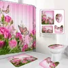Flower Butterfly Printed Shower Curtains Bathroom Curtain Pink Rose Bathroom Set Toilet Seat Cover Rugs Non-slip Bath Mat 210609