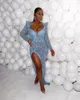 2021 Light Blue Evening Dresses Long Sleeves Side Slit Mermaid Luxury Beaded IIllusion Sequins Crystals Plus Size Prom Party Gown vestido