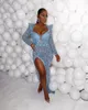 Bleu clair 2021 robes de soirée manches longues latérale latérale sirène sirène perlé paillettes Iillusion Crysts Plus taille de bal de fête de bal Vestido